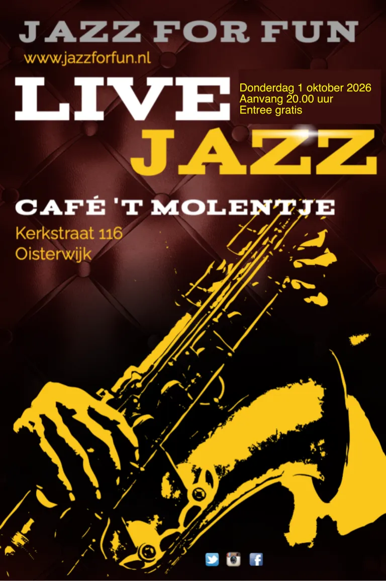 Donker affiche met gele saxofoon en letters in wit en geel met de informatie over de avond.