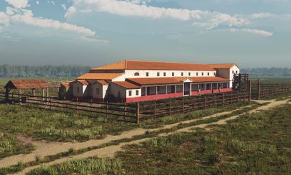 Een tekening van een mogelijk vergelijkbaar hoofdgebouw van een villacomplex in Hoogeloon.