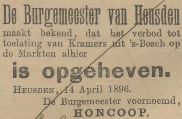 De Burgemeester van Heusden maakt bekend dat het verbod op kramers uit Den Bosch is opgeheven