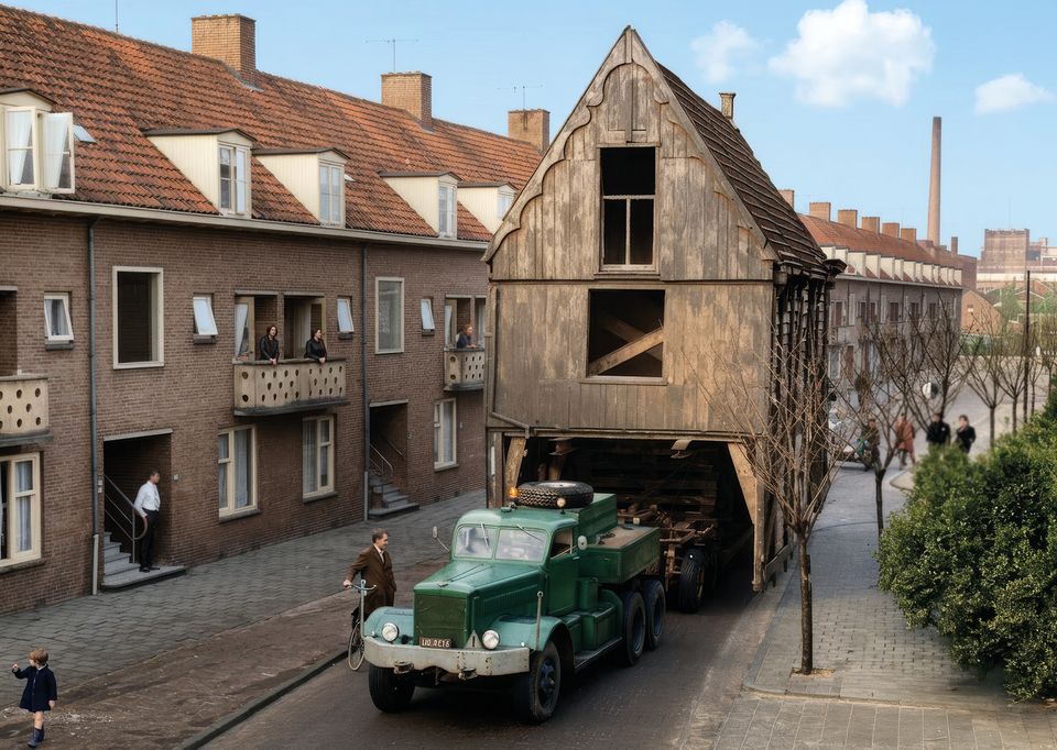 Een houten huis en een auto