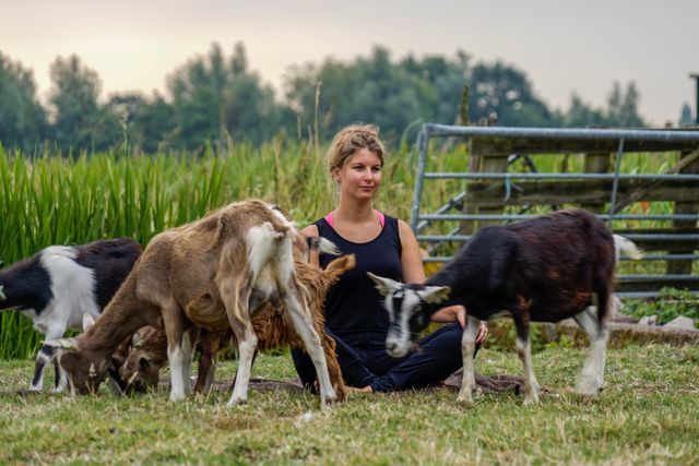 Vrouw doet geitenyoga met speelse geitjes bij Boerderij de Boerinn in Woerden – unieke en ontspannende buitenactiviteit in het Groene Hart.