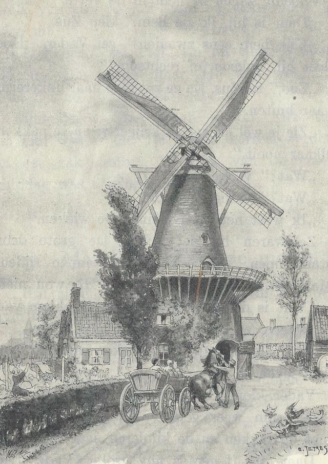 Tekening van Korenmolen Windlust in het zwart wit in Wassenaar