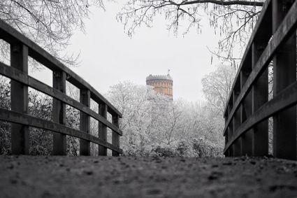 Winterse opname vanaf een laag standpunt op een houten brug, met besneeuwde bomen aan weerszijden en een ronde watertoren die in de verte boven het landschap uitsteekt onder een grijze winterlucht.