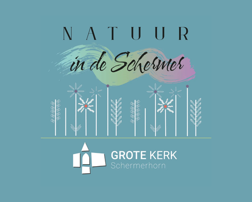 blauwe poster van natuur in de schermer van grote kerk in schermerhorn