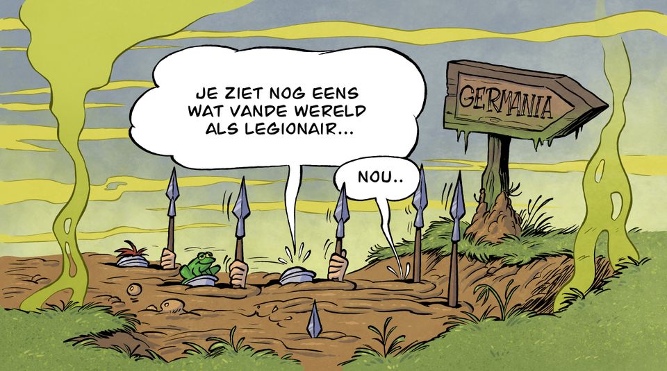 Illustratie van Romeinse legionairs die wegzakken in het moeras in Germanië.