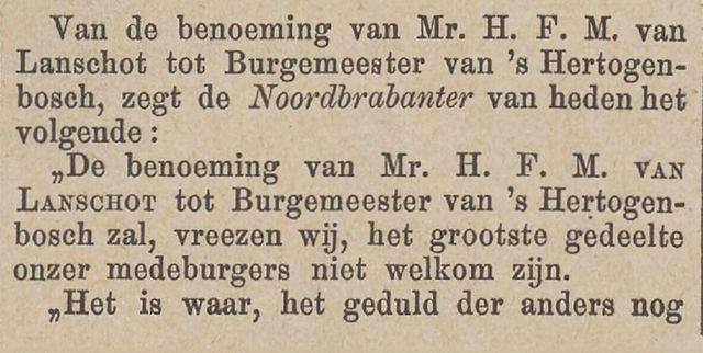 Tilburgsche Courant 21okt1880 over Van Lanschots benoeming tot burgemeester deel 1