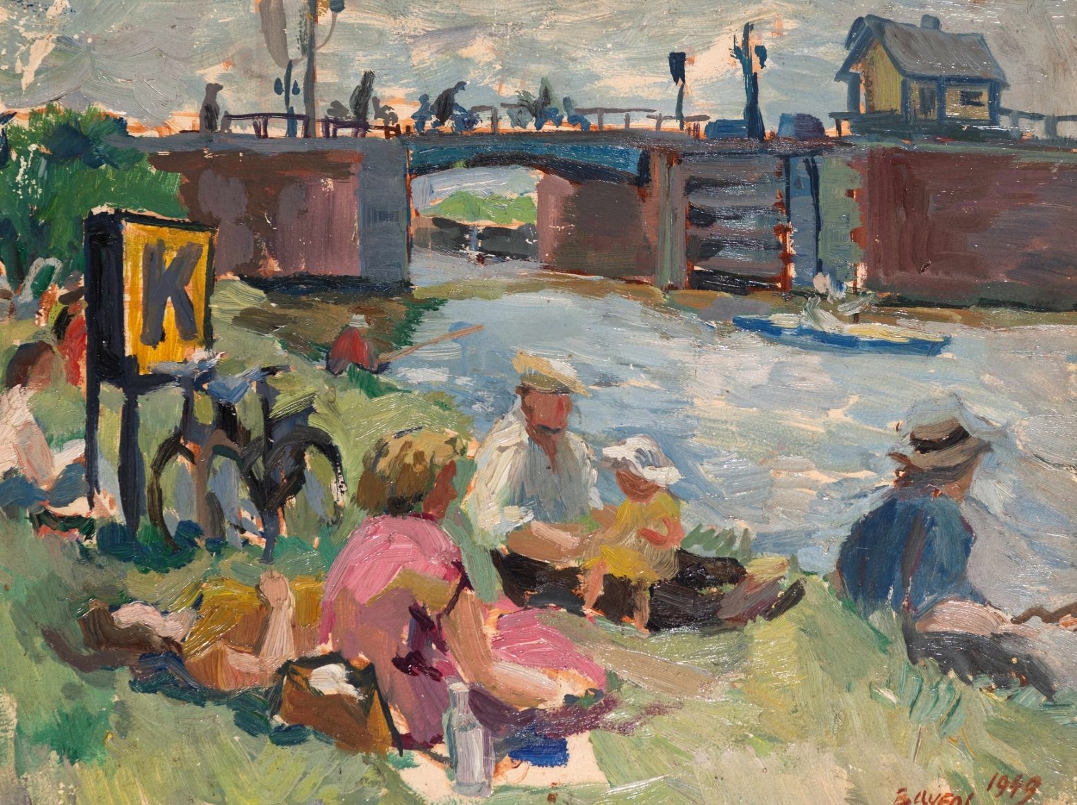 Hans Bayens - Picknick aan de waterkant, 1949, olieverf op board