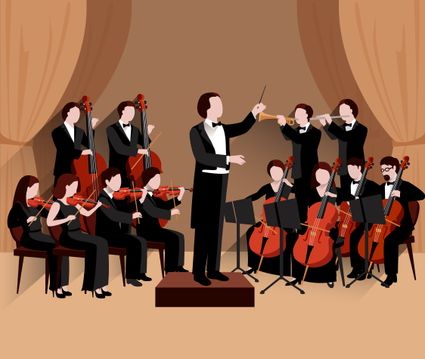 Theatervoorstelling Matthäus Passion van Johann Sebastian Bach in Oudewater, Groene Hart, klassiek concert met symfonieorkest, dirigent en musici met violen, cello’s, contrabas en trompet op het podium.