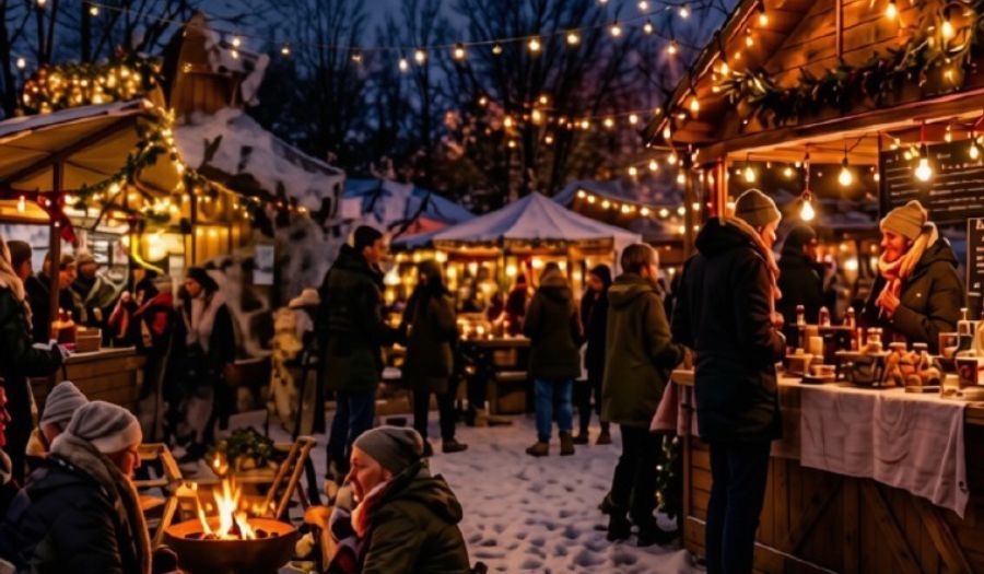 Gezellige winterfair met kraampjes en mensen