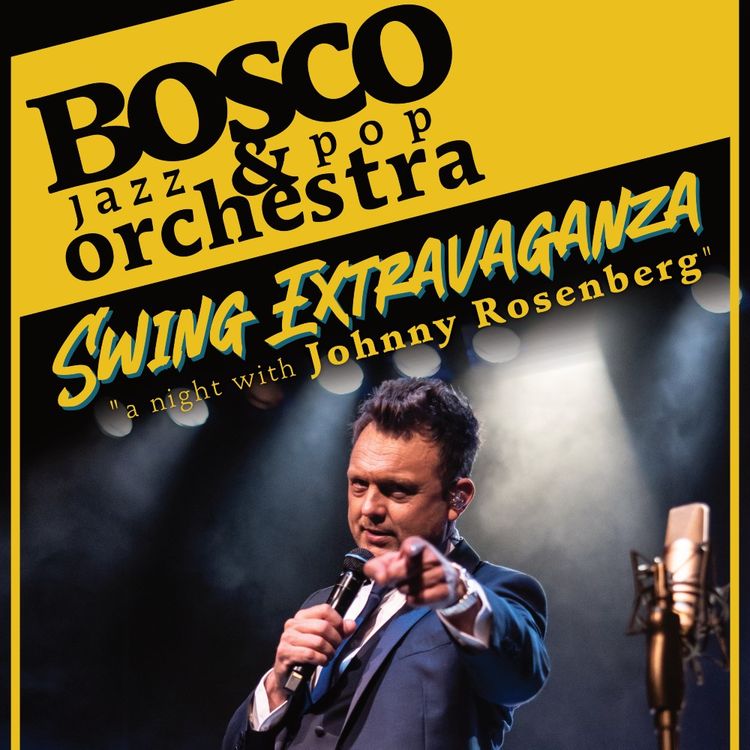 Foto van Johnny Rosenberg met microfoon tegen een rokerige achtergrond. Erboven in geel en zwart de informatie over de show.