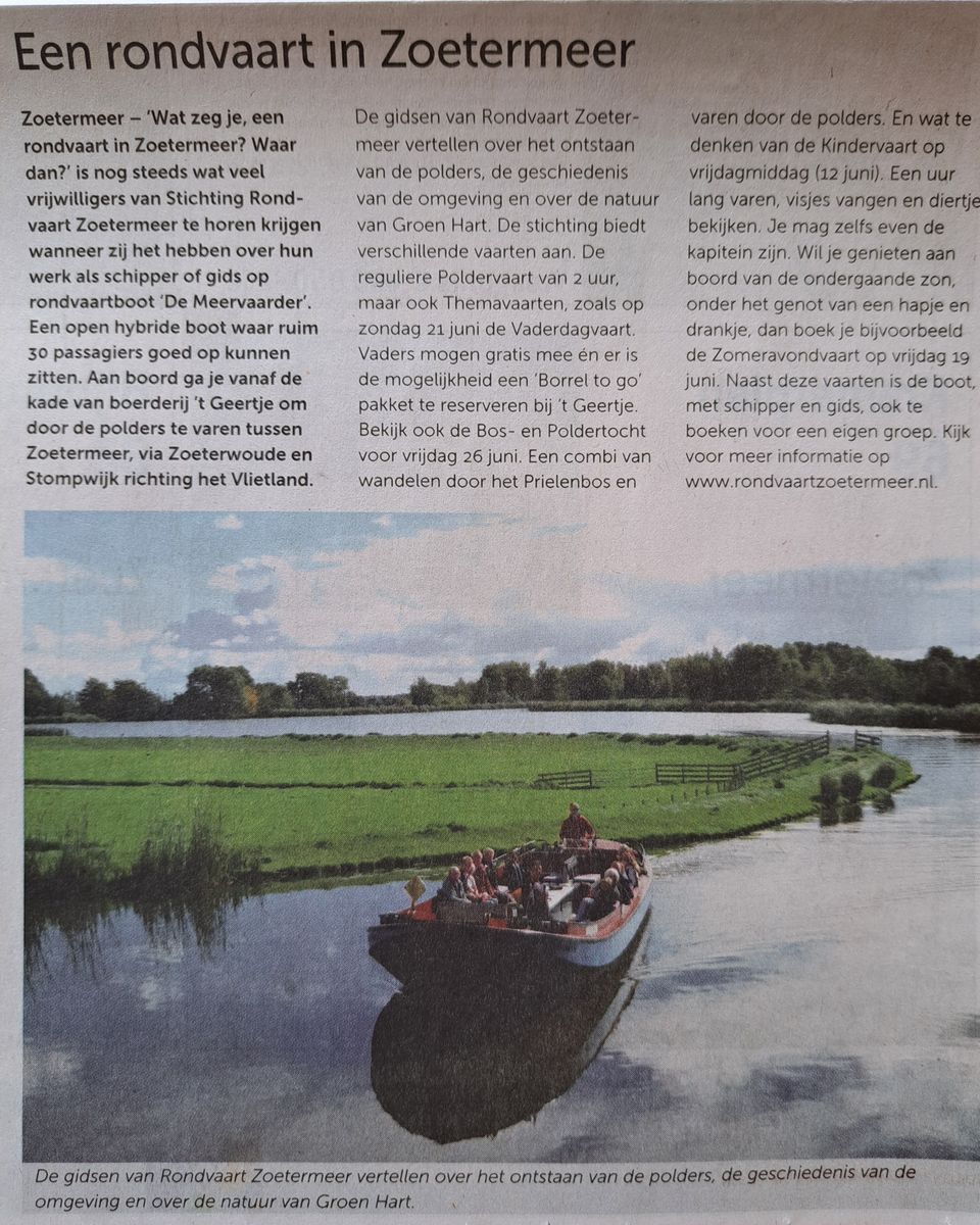 Krantenartikel over een rondvaart in Zoetermeer