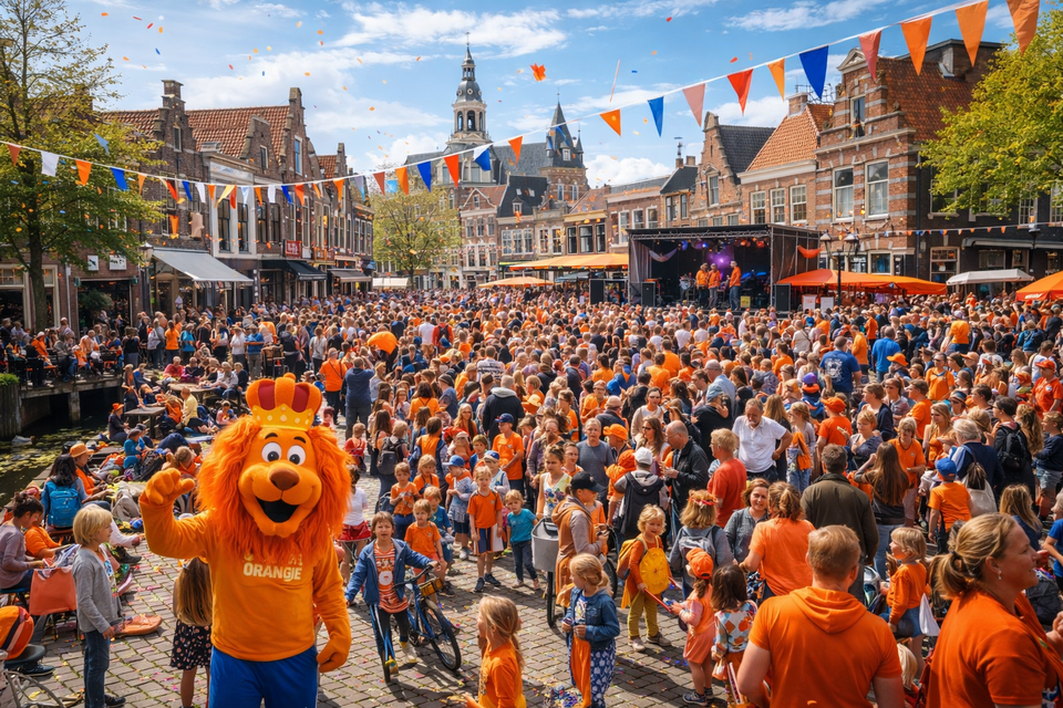 Koningsdag Oudewater op de Markt in Oudewater, Groene Hart, met het plein vol mensen in oranje kleding, een oranje leeuw en een podium waar artiesten optreden.