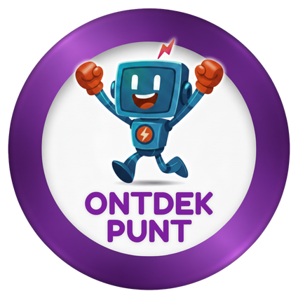 Logo van het OntdekPunt. Een paarse cirkel met in het midden een blauwe robot die mid-sprong is.