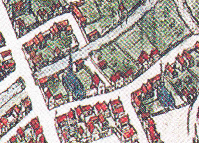 Kaart van Braun en Hogenberg uit 1588. In het blauw de oude kloosterkerk