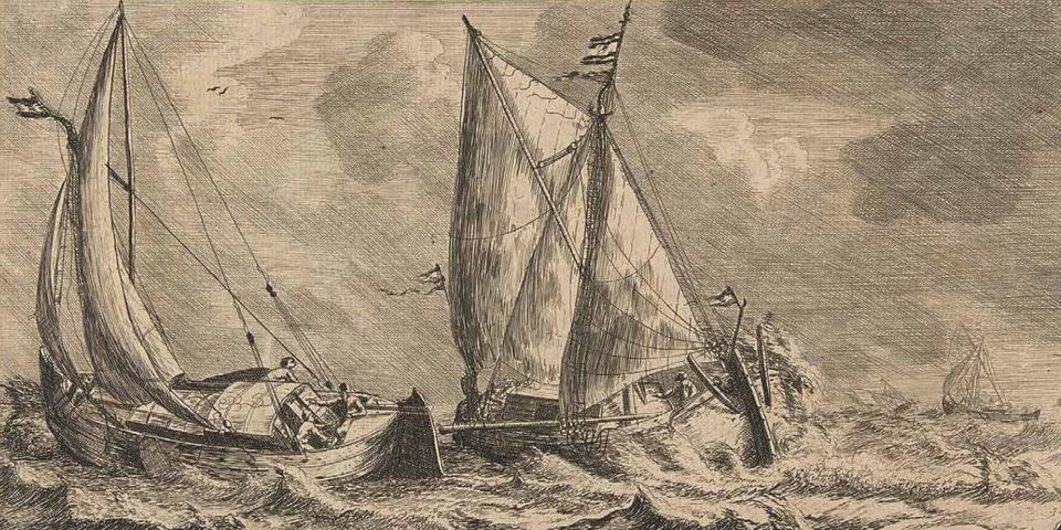 Oud kunstwerk boten op water.