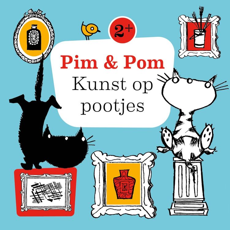 Getekend door Fiep Westendorp: 2 poesjes met om hen heen schilderijtjes in zwart-wit-rood en geel tegen een lichtblauwe achtergrond.