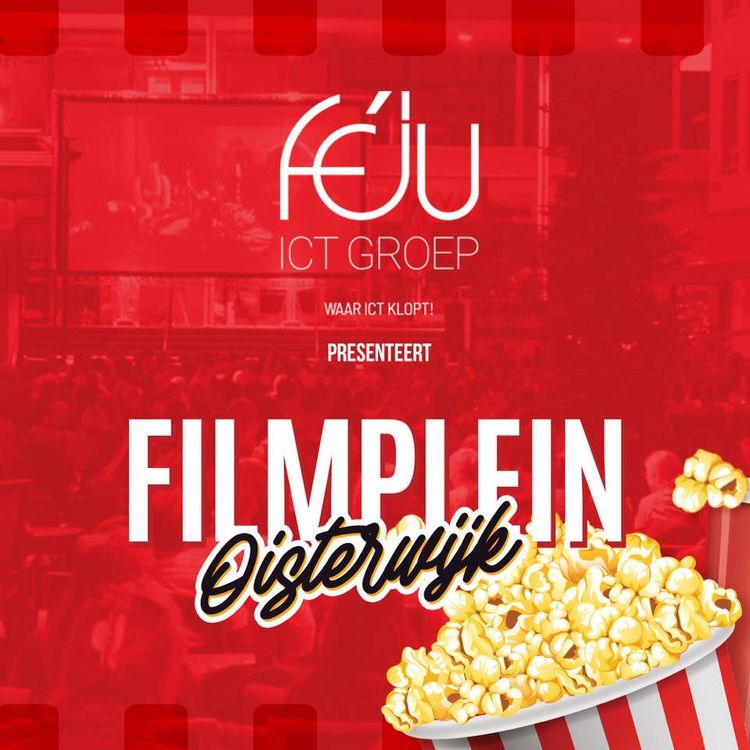Affiche in rood met tekst Filmplein Oisterwijk en een bak popcorn