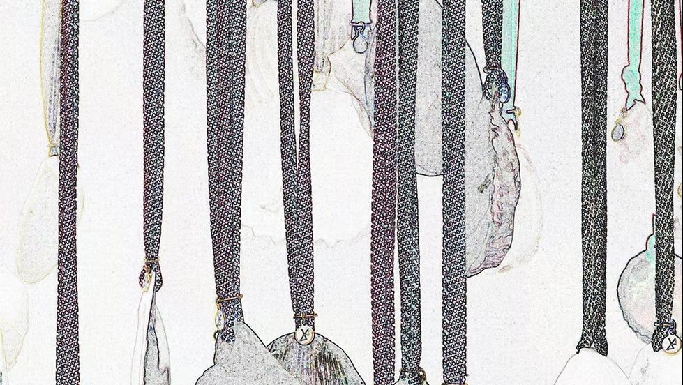 Tekening met koorden in zwart, grijze en lichtgroene tinten. Aan deze koorden hangen zakken in verschillende vormen.