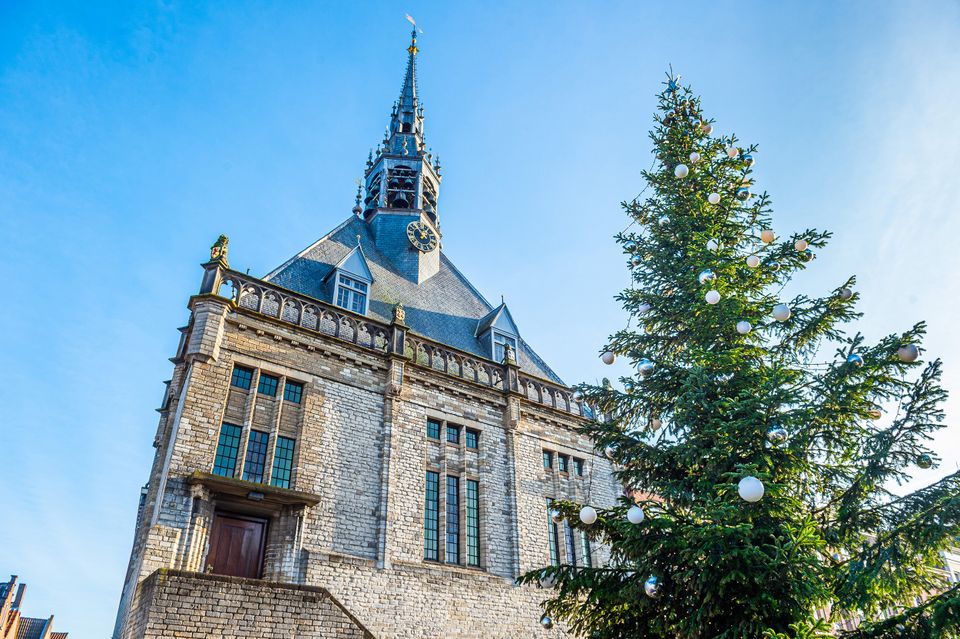 Een statige winterse blik op het historische stadhuis, waar een rijk versierde kerstboom trots op het plein staat. De heldere winterlucht en het zachte daglicht laten de stenen gevel en de feestelijke ornamenten extra stralen. Samen vormen ze een herkenbaar en warm symbool van de stad in de kersttijd.