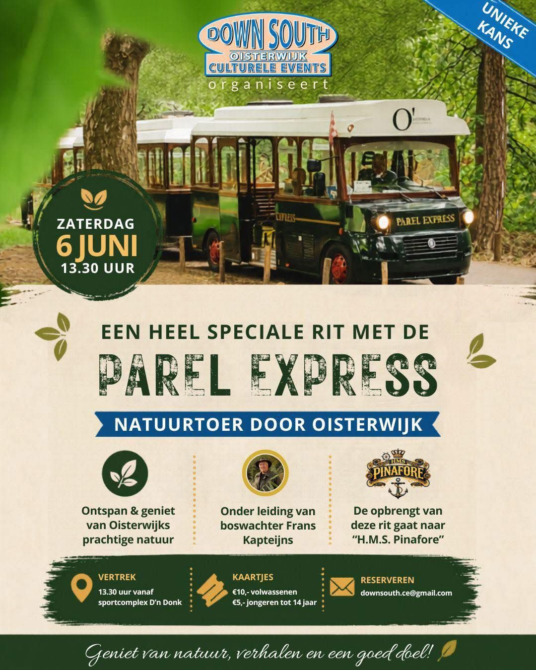 Affiche in groene tinten van de natuurtoer met informatie en een foto van het treintje van de Parel Express.