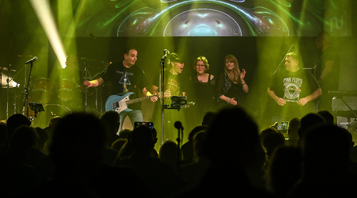 Bandleden op het podium met groene lampen