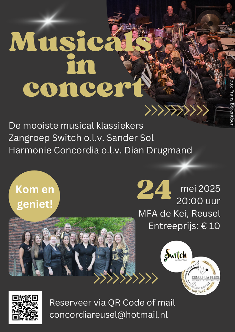 Harmonie Concordia en Zanggroep Switch bundelen hun krachten voor een spectaculaire muzikale avond: Musicals in Concert! Op zaterdag 24 mei 2025 verandert De Kei in een ware Broadway-ervaring.