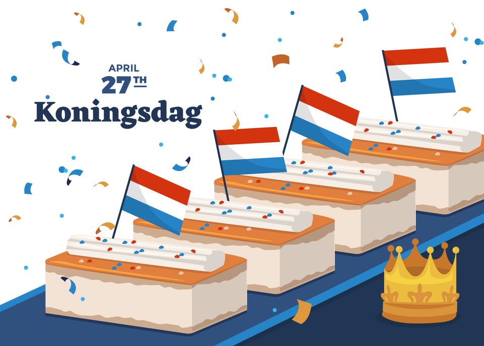 Feestdagillustratie Koningsdag, Linschoten, Groene Hart, Nederland, nationale viering op 27 april, illustratie met oranje tompouce gebakjes met Nederlandse vlaggetjes, confetti en kroon als symbool voor de verjaardag van de koning.
