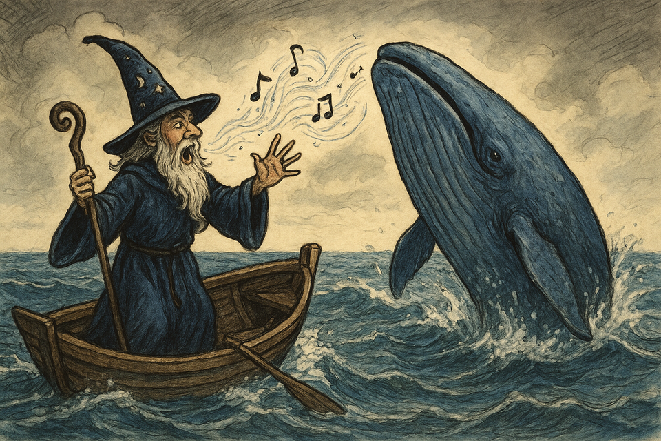 tekening van een tovenaar in een roeibootje met een walvis die uit het water omhoog komt.