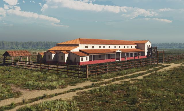 Een tekening van een mogelijk vergelijkbaar hoofdgebouw van een villacomplex in Hoogeloon.