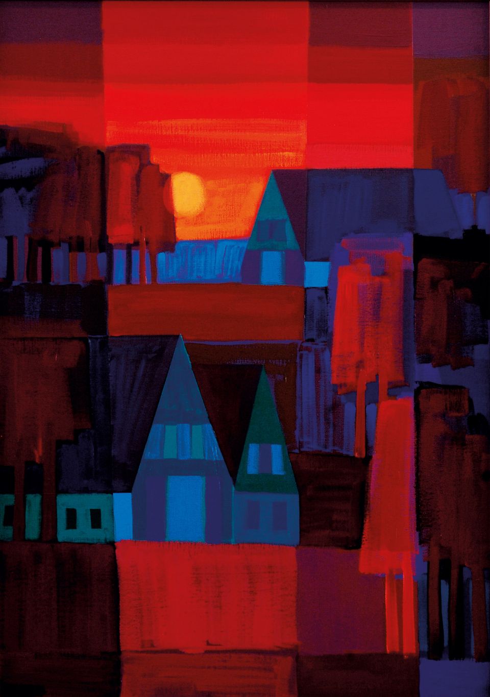 schilderij ton schulten, zonsondergang bij huizen, veel rood en blauw