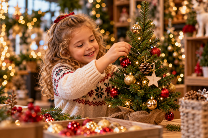 Meisje versiert een mini kerstboom met kerstballen en lichtjes tijdens een gezellige kerstactiviteit voor kinderen bij Tuincentrum De Bosrand in Woerden.