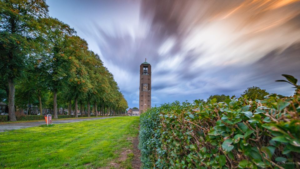 Het vooraanzicht van de Poldertoren met links een rij bomen en rechts een lange struik, in Emmeloord.