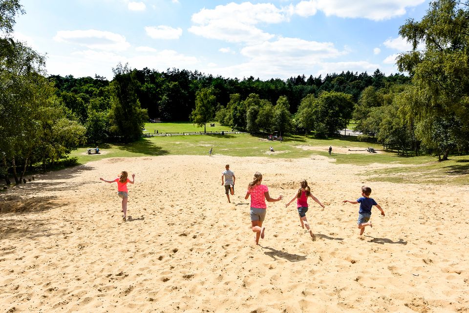 Kinderen rennen een zandheuvel af. Ze dragen korte broeken en shirts en de zon schijnt.