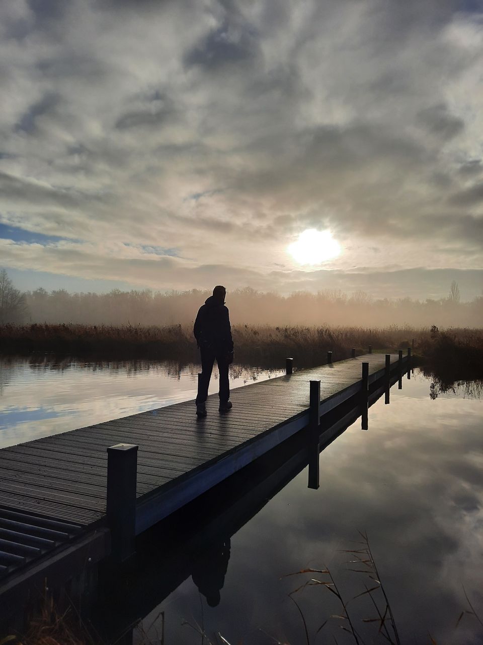 Een wandelaar op een loopbrug in Het Twiske