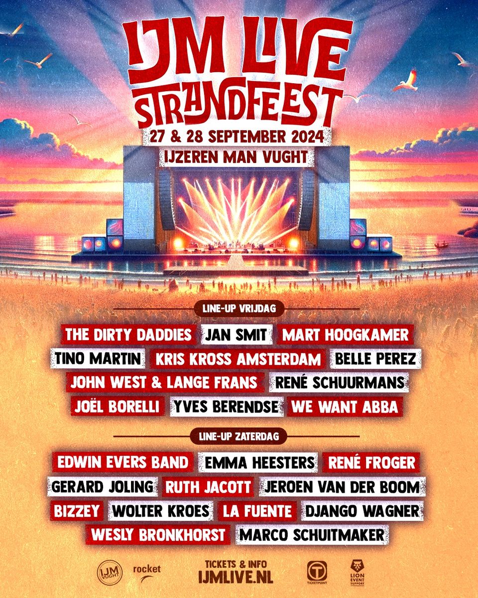 Poster met de volledige line-up van IJM Live Strandfeest in Vught