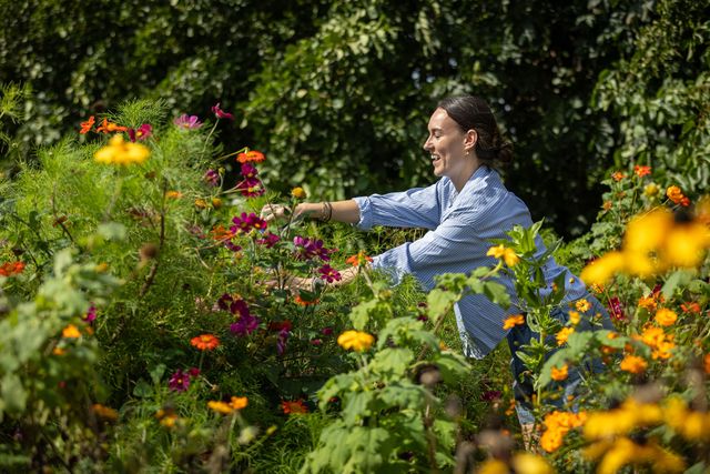 Bloementuin bij Hof van Gunterstein in Breukelen, Vechtstreek, met een bezoeker tussen kleurrijke zomerbloemen en weelderig groen.