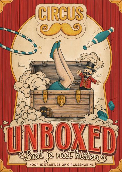 Illustratie van Circus Snor voorstelling Unboxed met een artiest die uit een houten kist verschijnt, een circusdirecteur en jongleerattributen, voor de familievoorstelling in Montfoort in het Groene Hart.
