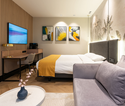 De Family Room is niet alleen ruimer, maar heeft ook een comfortabele zithoek met een uitklapbare tweepersoons slaapbank. Perfect voor als je met een persoon of twee extra langskomt.