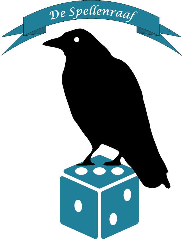 Logo van De Spellenraaf: een zwarte raaf staat op een blauwe dobbelsteen. Boven de raaf staat een lint met de tekst ‘De Spellenraaf’.