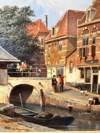 19e-eeuws schilderij van stadsgezicht met brug, boot, bewoners en bakstenen huizen in Woerden