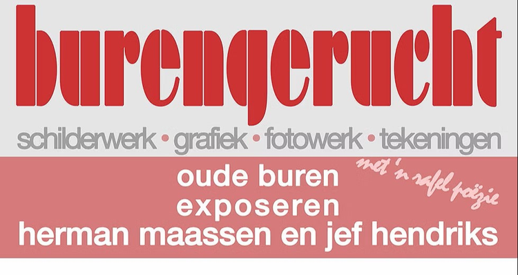Affiche in wit en roze vlakverdeling met in rode en witte letters de naam en informatie van de expositie.