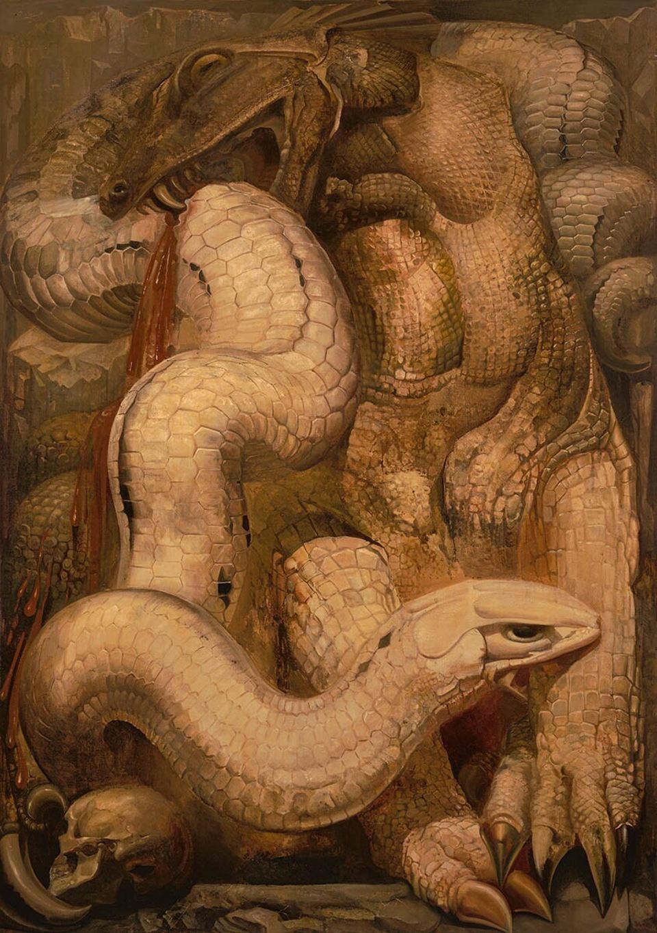 Gedetailleerde schildering van een dreigend monsterachtig wezen met schubben, klauwen en een grote slang, omgeven door schedels en donkere aardetinten, bedoeld om gevaar en mythische kracht uit te beelden.