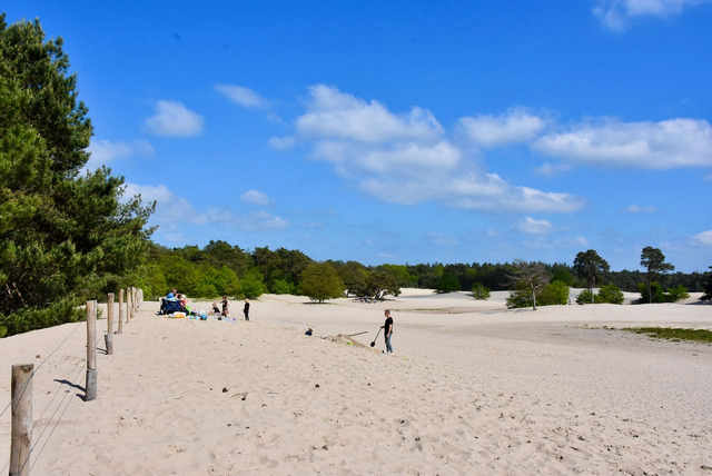 Uitgestrekte zandvlakte van de Soesterduinen bij Soest, omringd door bos en met enkele recreanten in het landschap. Een karakteristiek natuurgebied op de Utrechtse Heuvelrug met open zand, bomen en blauwe lucht.
