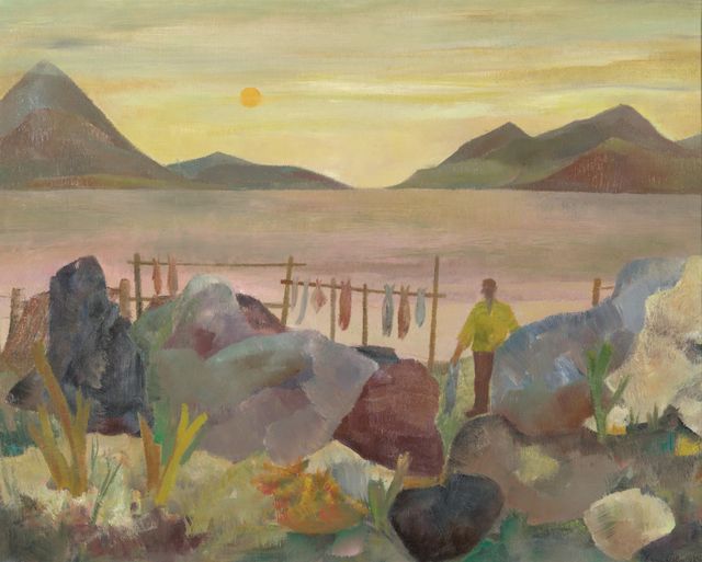 Gezicht op water met bergen, op voorgrond rotsen en vissen aan drooglijn