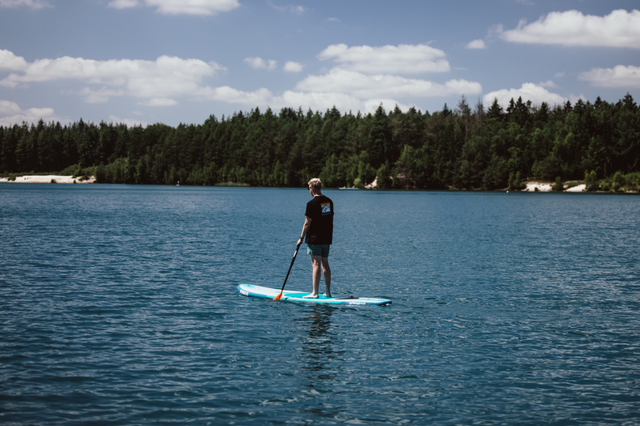 Ein Mann steht auf einem SUP-Board und paddelt über blaues Wasser vor einer Kulisse aus Nadelbäumen.