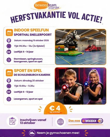 Poster van Beweegteam Woerden met herfstvakantie kinderactiviteiten