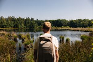 Een wandelaar met rugzak kijkt uit over een vennetje dat hij onderweg tegenkomt.