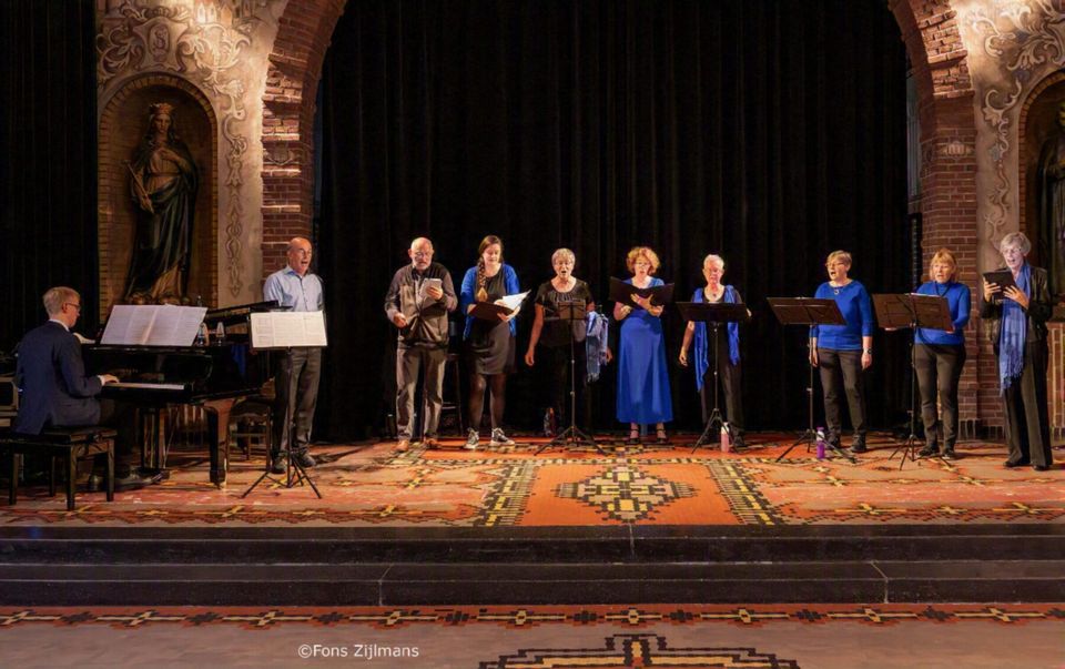 Overzicht van het kleinkoor tijdens een optreden. De leden dragen blauwe en zwarte kleding.