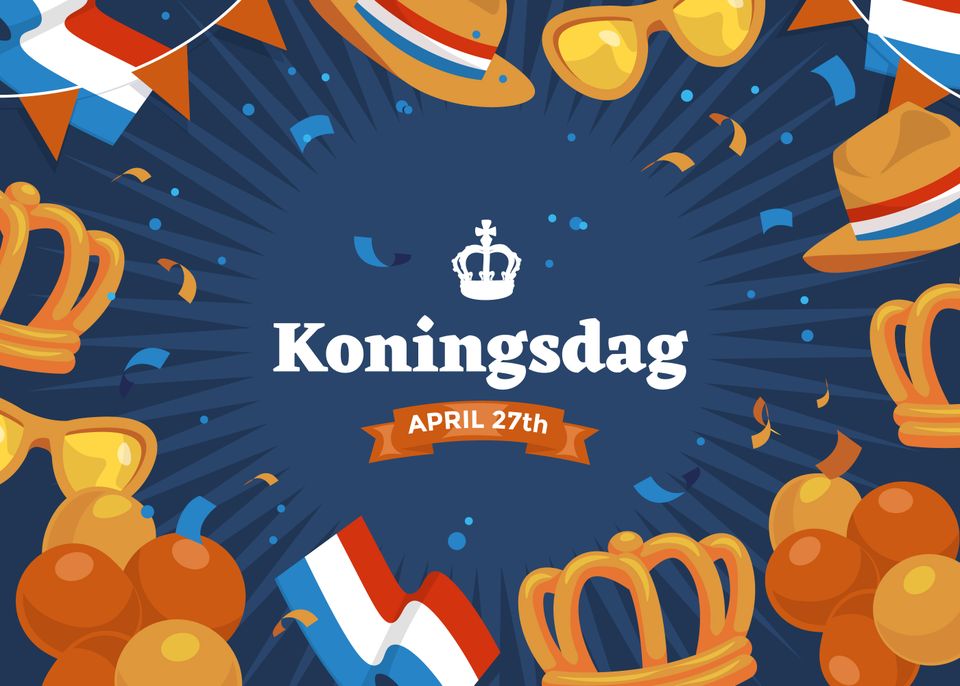 Illustratie van Koningsdag op 27 april met oranje kronen, vlaggetjes en ballonnen