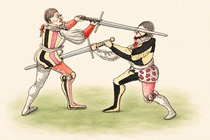 Illustratie uit het zestiende-eeuwse Wilhalm/Sollinger Fechtbuch, een van de historische bronnen die Oskar ter Mors gebruikt bij de reconstructie van oude vechttechnieken.
